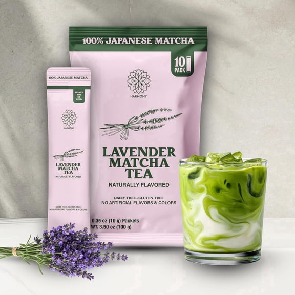 The Harmony Matcha - Matcha Green Tea Powder (10 Pack) Lavender Flavor Organic Japanese Matcha Powder Sticks Matcha Latte & Frappe Mix, Tea Drink Mix