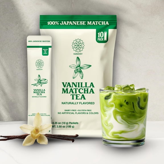 The Harmony Matcha - Matcha Green Tea Powder (10 Pack) Vanilla Flavor Organic Japanese Matcha Powder Sticks Matcha Latte & Frappe Mix, Tea Drink Mix
