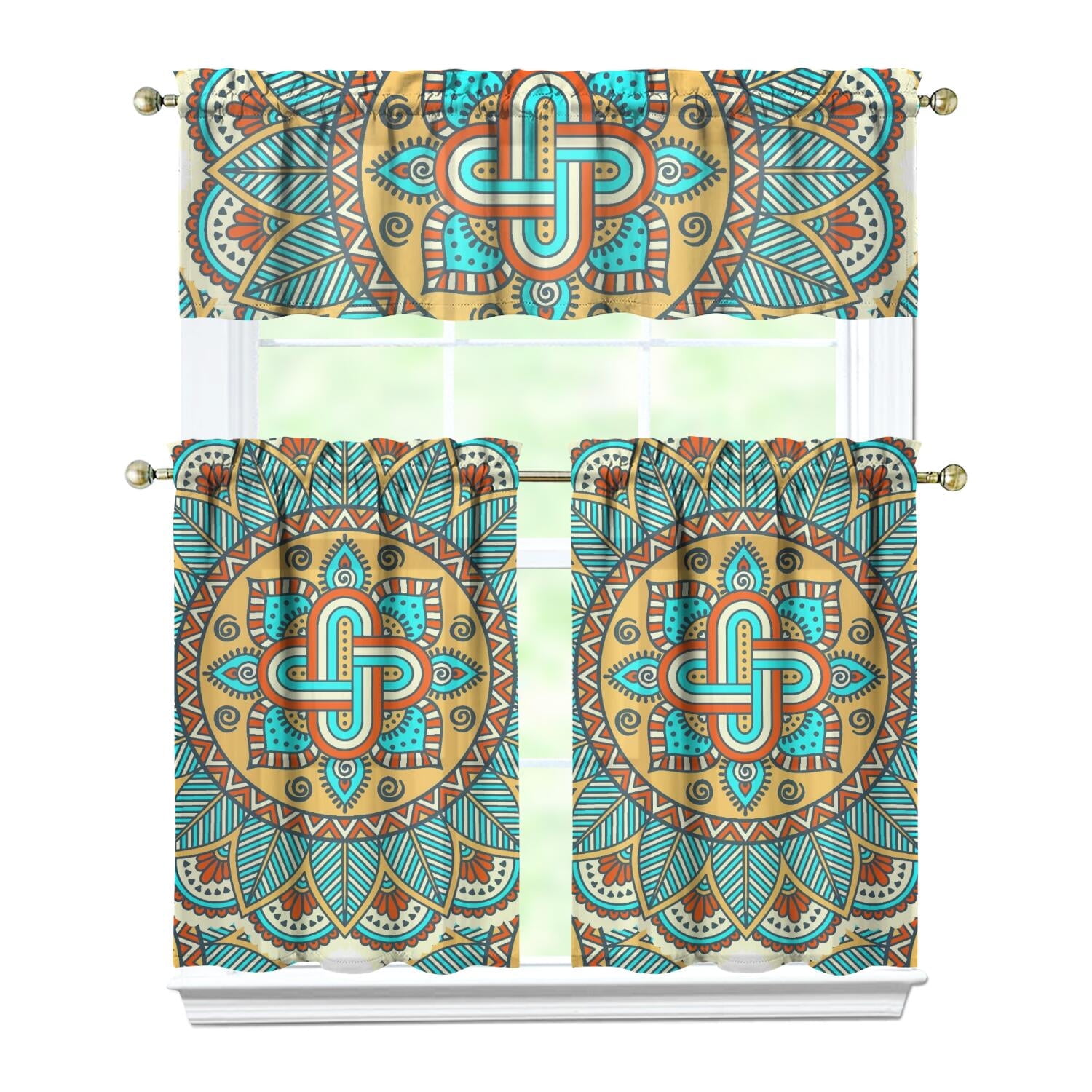 Harmony Symmetry Mandala Kitchen Curtains - 3 Pcs Ethnic Tribal Design ...