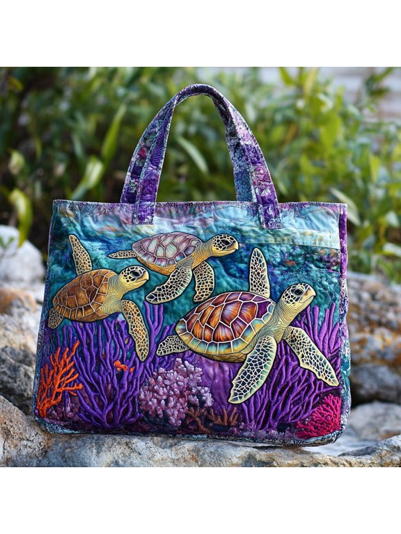 Harmony Turtle Quilted Tote Bag, Sea Turtle Shoulder Carryall, Practical Daily Bag, Gift for Turtle Lovers