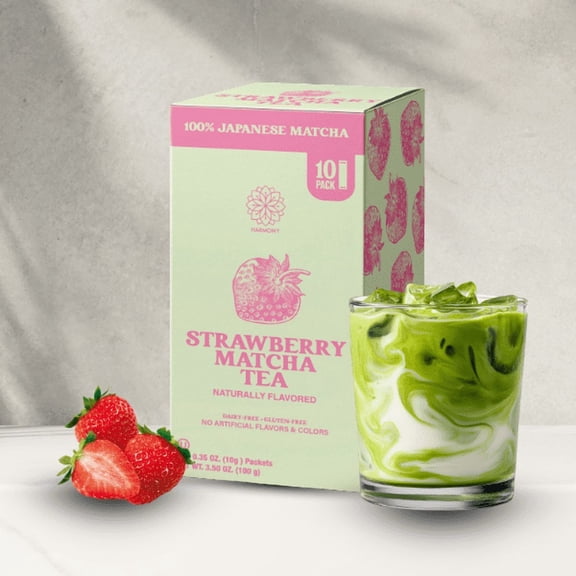 The Harmony Matcha Strawberry (10 Sticks) Premium Japanese Matcha Powder, Rich in Antioxidants & L-Theanine, Sweetened with Organic Sugar, No Preservatives