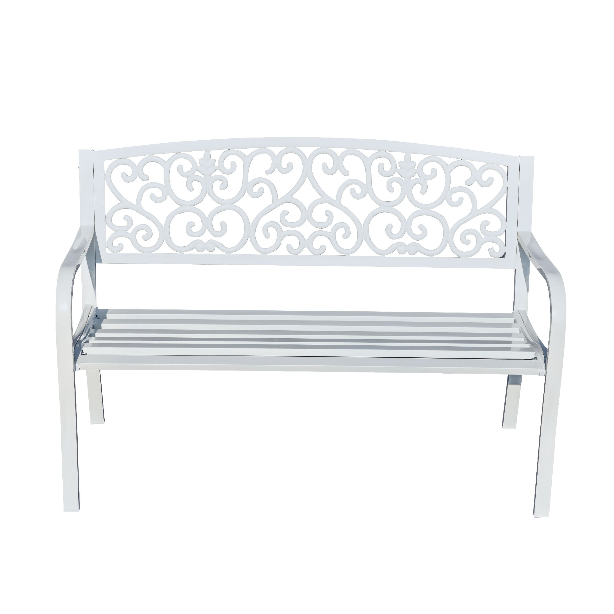 Hi-Line Gift Ltd. Harmony in White- Steel and Cast Iron Garden Bench for Outdoor Serenity