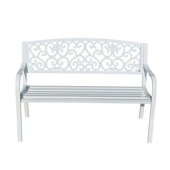 Hi-Line Gift Ltd. Harmony in White- Steel and Cast Iron Garden Bench for Outdoor Serenity