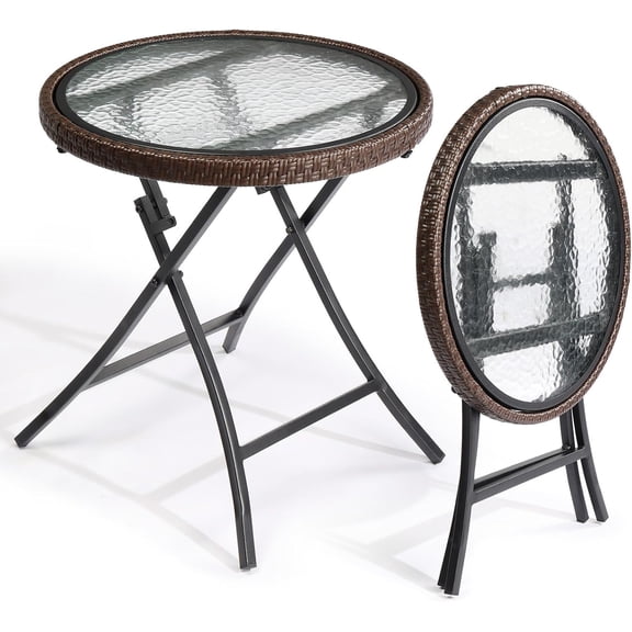 HarmonyStrings 19in Modern Brown Rattan Folding Glass Outdoor Side Table, Small Patio Table with Tempered Glass Top,Round,1 Pack