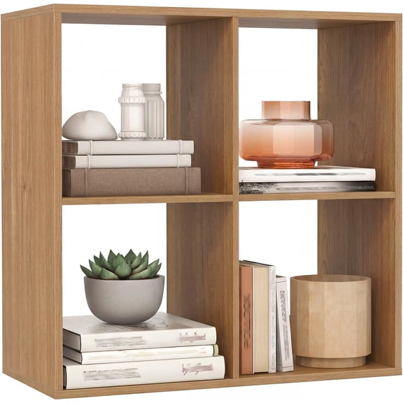 HarmonyStrings 2-Cube Bookcase, Cubby Bookshelf w/Back Guardrail & Anti-Tipping Kits, 3-Tier Freestanding Storage Organizer with Shelves, Open Back Display Rack-Natural 4-Cube