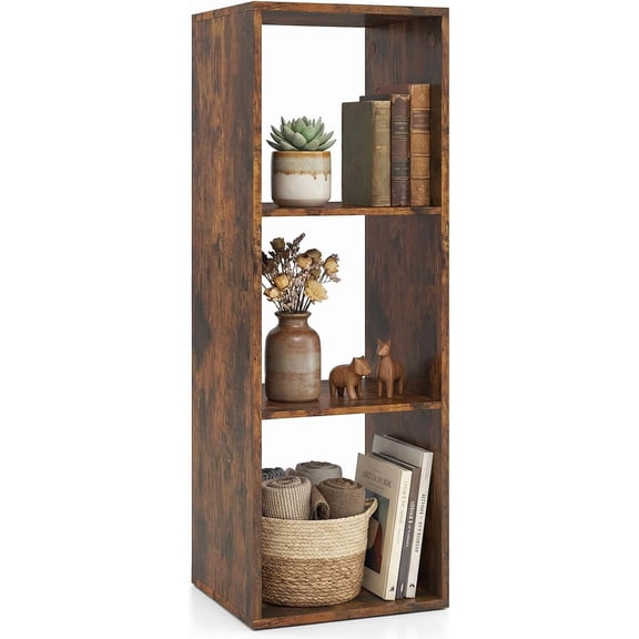 HarmonyStrings 2-Cube Bookcase, Cubby Bookshelf w/Back Guardrail & Anti-Tipping Kits, 3-Tier Freestanding Storage Organizer with Shelves, Open Back Display Rack-Rustic Brown 3-Cube
