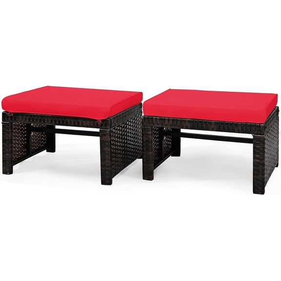 HarmonyStrings 2 Pieces Patio Rattan Ottomans, All Weather Outdoor Footstool Footrest Seat with Soft Cushion, Hidden Zipper, High-Density Sponge, Wicker Ottoman Seat for Patio, Garden, Poolside-Red