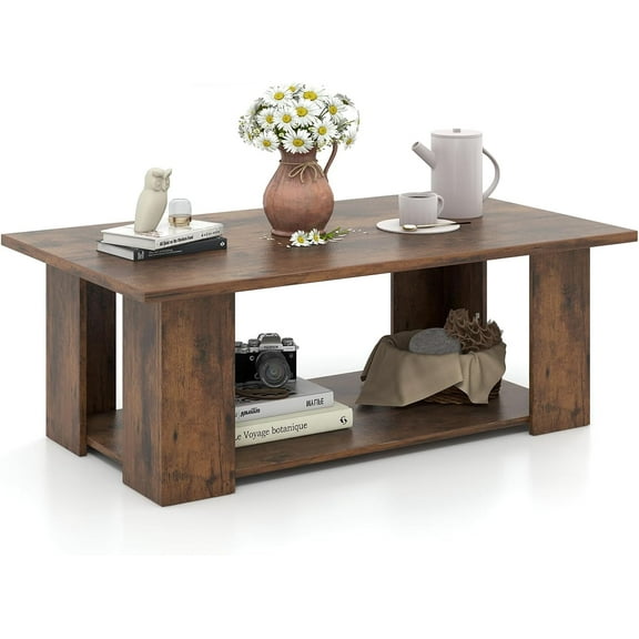 HarmonyStrings  2-Tier Coffee Table, Modern Rectangular Center Cocktail Table with 5 Support Legs, Wooden Accent Living Room Furniture, Small Coffee Table for Small Spaces, Easy Assembly-Rustic Brown