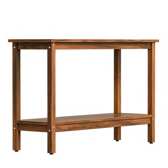 HarmonyStrings 2-Tier Solid Wood Side Table, Outdoor Console Table with Storage Shelf, Adjustable Feet Buffet Bar Organizer for Patio Porch, All-Weather Natural