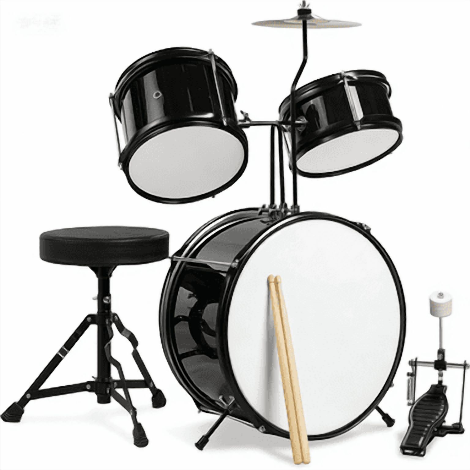 HarmonyStrings 3-Piece Beginner Drum Set for Kids Juniors, w/Throne Stool, Cymbal, Drum Sticks, Bass Drum Pedal, 2 Toms Black