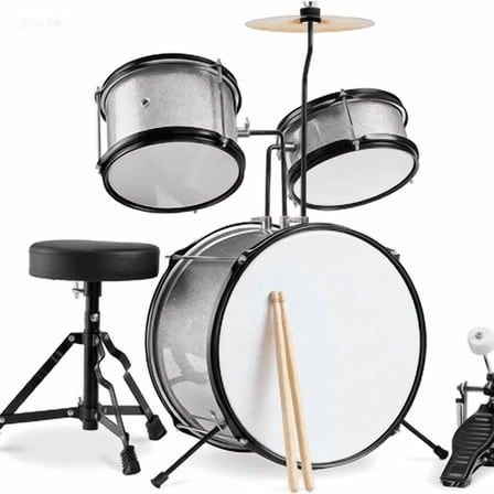 HarmonyStrings 3-Piece Beginner Drum Set for Kids Juniors, w/Throne Stool, Cymbal, Drum Sticks, Bass Drum Pedal, 2 Toms Silver Sparkle