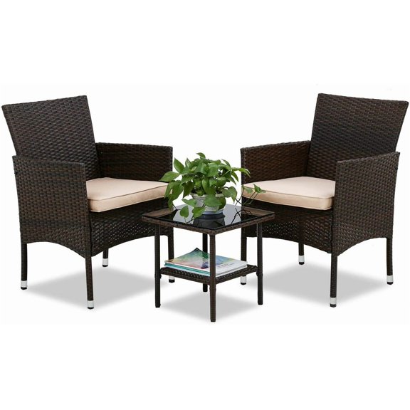 HarmonyStrings 3-Piece Patio Furniture Set | Brown & Red | Outdoor Wicker Furniture with Coffee Table | Modern Rattan Chairs Conversation Set | Outdoor Seating | Weather-Resistant | for Porch