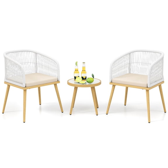 HarmonyStrings 3 Pieces Patio Bistro Set, Outdoor PE Wicker Conversation Furniture Set with Cushions, Tempered Glass Coffee Table and Galvanized Metal Frame, Outdoor Rattan Chair Set for Porch,