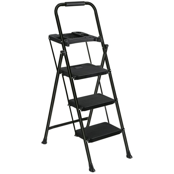 HarmonyStrings 3 Step Ladder, Foldable Step Ladder with Safety Lock, Lightweight Portable Steel Step Stool with Anti-Slip Rubber Feet,for Home Office Garage, Black