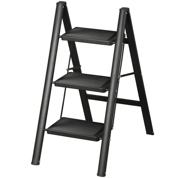 HarmonyStrings 3 Step Ladder, Sturdy 330 Lbs Load Small Step Stool for Adults, Safer Full Steel Multi-use Kitchen Ladder for Home, Closet Step Stool Ladder with Wide Pedals, Black, 3-Step