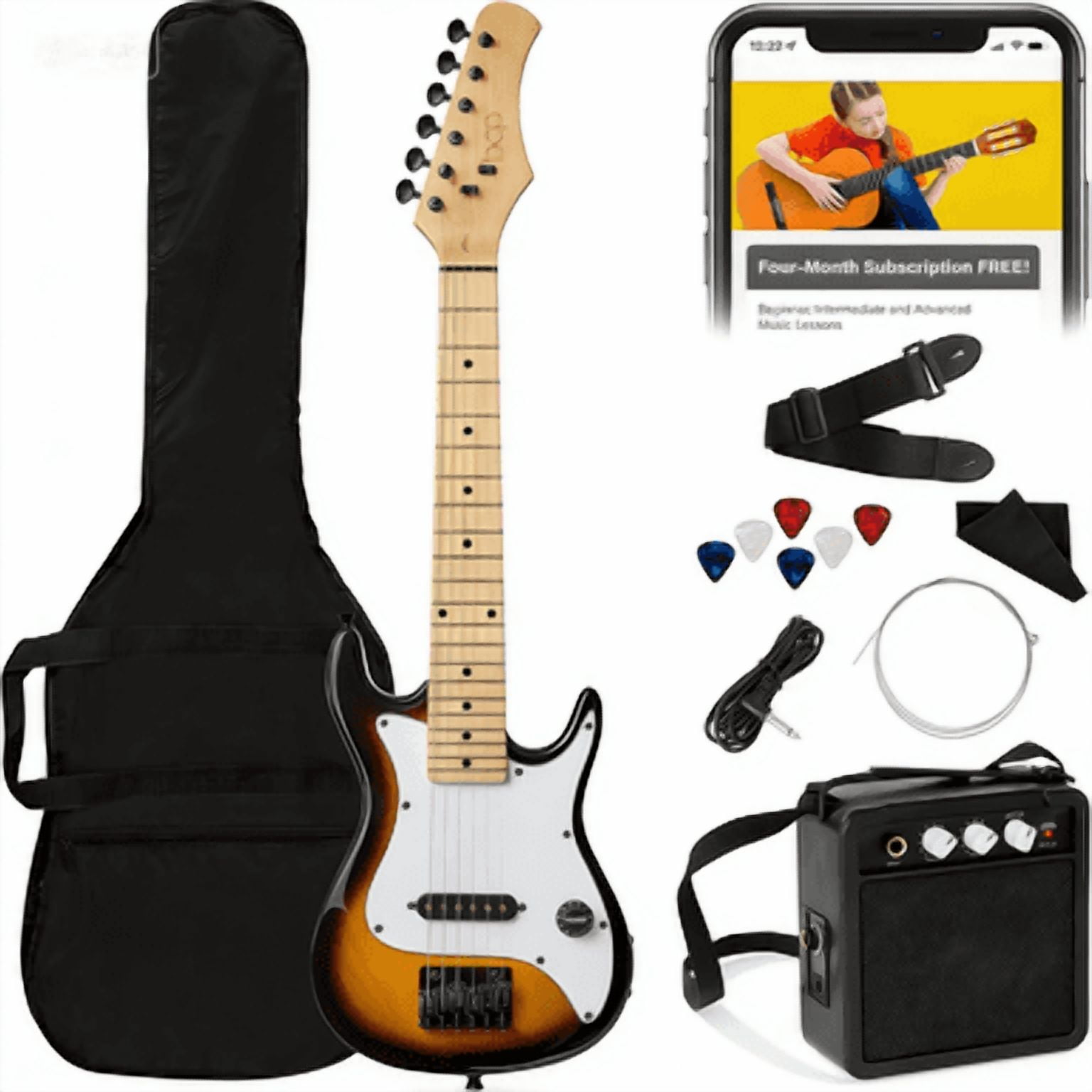 HarmonyStrings 30in Kids Electric Guitar Beginner Starter Kit w/ 5W Amplifier, Strap, Gig Bag, Strings Sunburst