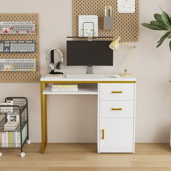 HarmonyStrings 38.2” Pink Computer Desk 2 Drawers and 1 Door Writing Desk with Storage Particle Board and Iron Pipe Small PC Table for Bedroom Home Office Study Kids Room