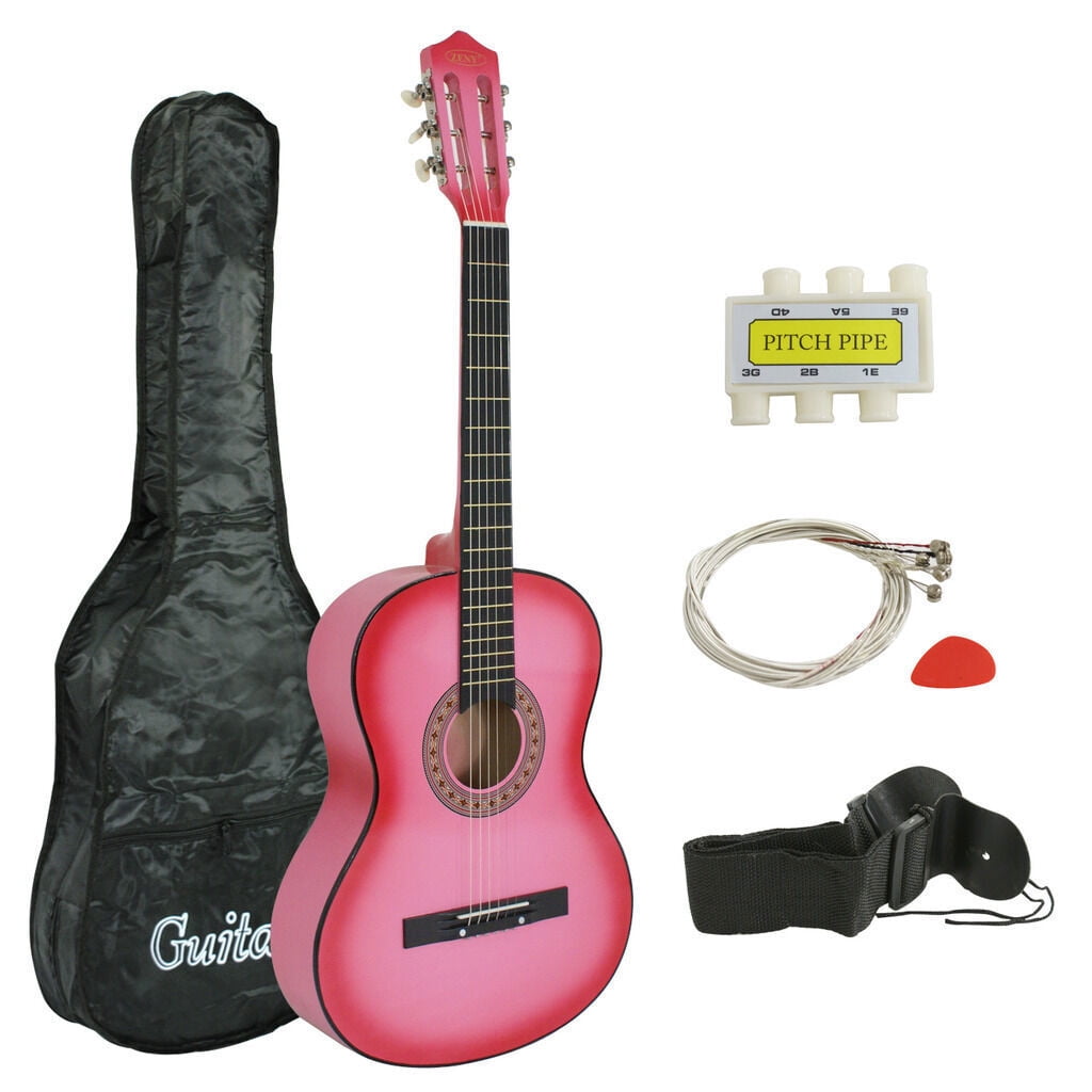 HarmonyStrings 38" Acoustic Guitar Bundle with Gig Bag Strap Pitch Pipe Extra Strings Set Pick 6 String for Beginners Starter Kids Girls Youths Students Right-handed 38 inches Pink