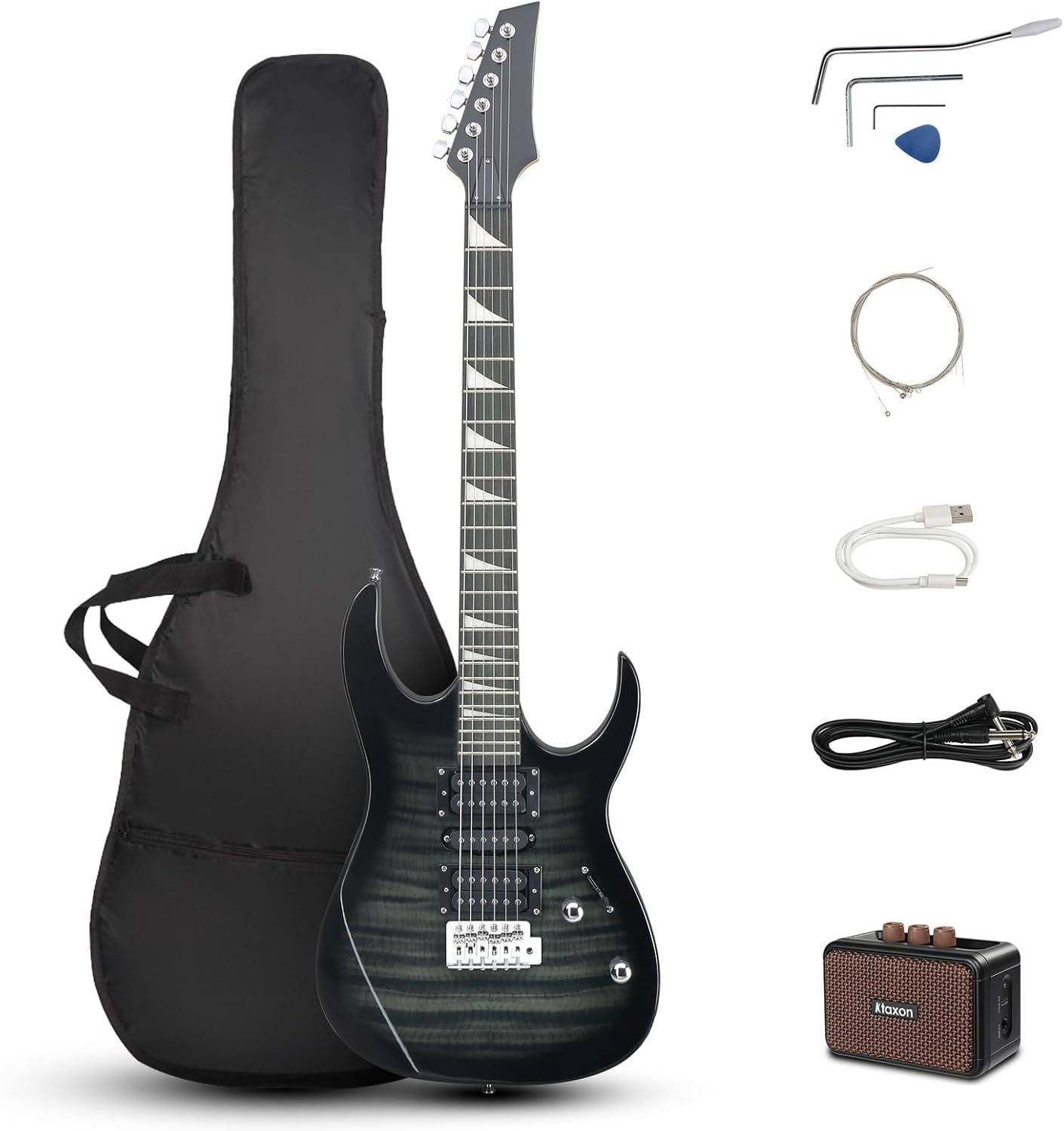 HarmonyStrings 39" Electric Guitar with 20Watt Amp, Full Size 170 Model Starter Guitar Kit for Beginners & Professionals W/Bag, Strap, Upgrade Cable, Guitar Capo, Tremolo Arm Tiger Black