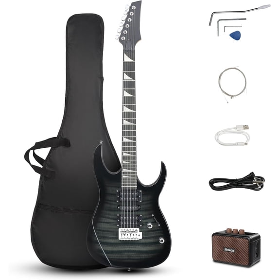 HarmonyStrings 39" Electric Guitar with 20Watt Amp, Full Size 170 Model Starter Guitar Kit for Beginners & Professionals W/Bag, Strap, Upgrade Cable, Guitar Capo, Tremolo Arm Tiger Black