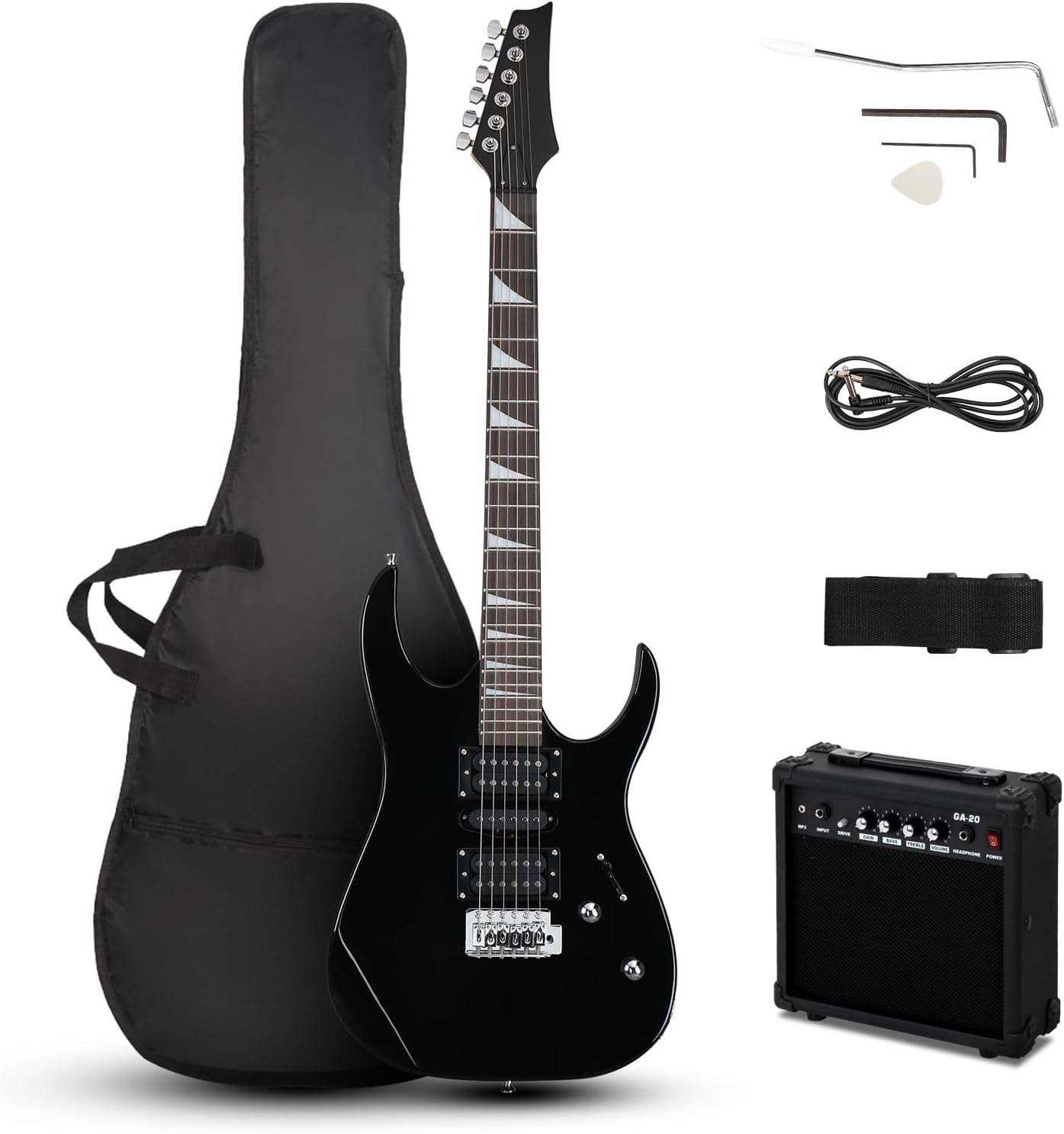 HarmonyStrings 39" Electric Guitar with 20Watt Amp, Full Size 170 Model Starter Guitar Kit for Beginners & Professionals W/Bag, Strap, Upgrade Cable, Guitar Capo, Tremolo Arm Black