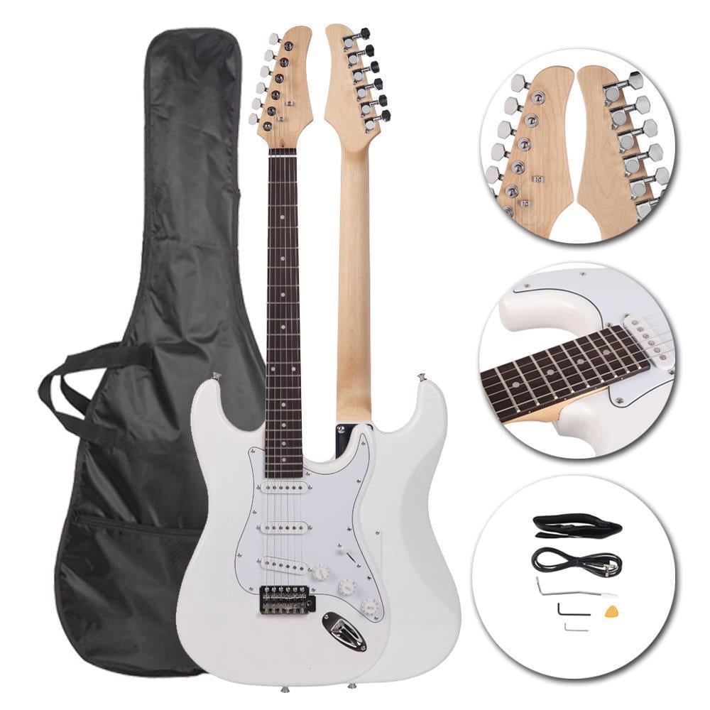 HarmonyStrings 39 Inch Rosewood Fingerboard Electric Guitar,Electric Guitar Beginner Kit Solid Body Full Size Pick Up for Starter, with Bag, Picks, Capo, Strap, Cord,Allen Wrench, Tremolo Arm White