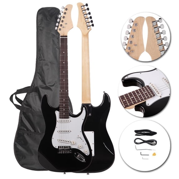HarmonyStrings 39 Inch Rosewood Fingerboard Electric Guitar,Electric Guitar Beginner Kit Solid Body Full Size Pick Up for Starter, with Bag, Picks, Capo, Strap, Cord,Allen Wrench, Tremolo Arm Black