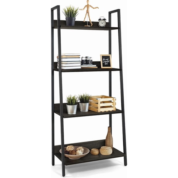 HarmonyStrings 4/5 Tier Ladder Bookshelf, Free Standing Shelf, Bookcase Shelf Storage Rack Organizer, Industrial Book Shelves for Home Office, Living Room, Kitchen, Wooden Shelves-Black 4-Tier