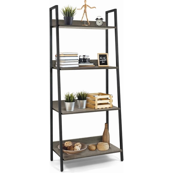 HarmonyStrings 4/5 Tier Ladder Bookshelf, Free Standing Shelf, Bookcase Shelf Storage Rack Organizer, Industrial Book Shelves for Home Office, Living Room, Kitchen, Wooden Shelves-Dark Grey 4-Tier