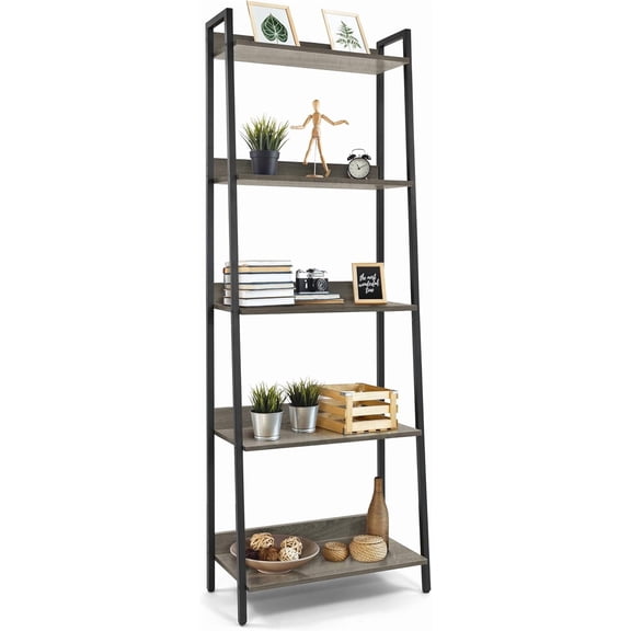 HarmonyStrings 4/5 Tier Ladder Bookshelf,  Free Standing Shelf, Bookcase Shelf Storage Rack Organizer, Industrial Book Shelves for Home Office, Living Room, Kitchen, Wooden Shelves-Dark Grey 5-Tier