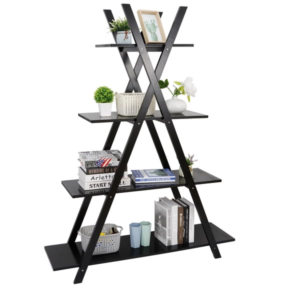 HarmonyStrings 4 Tier Ladder Bookshelf Storage Shelves, A Frame Wooden Ladder Open Display Shelves Floor Shlef Storage Furniture for Home Office Living Room Black