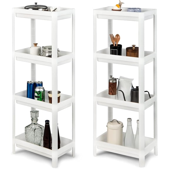 HarmonyStrings 4 Tier Plastic Storage Shelf Rack Set of 2, 39-Inch Tall Floor Storage Shelving with Drainage Holes, Plastic Narrow Shelves for Small Space