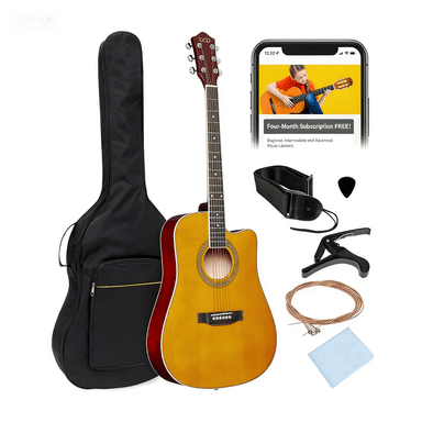 HarmonyStrings 41in Beginner Acoustic Guitar Full Size All Wood Cutaway Guitar Starter Set w/Case, Strap, Capo, Strings Aged Natural