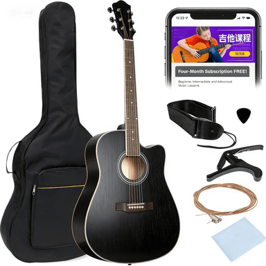 HarmonyStrings 41in Beginner Acoustic Guitar Full Size All Wood Cutaway Guitar Starter Set w/Case, Strap, Capo, Strings Black