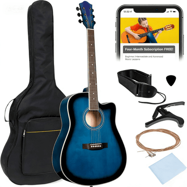 HarmonyStrings 41in Beginner Acoustic Guitar Full Size All Wood Cutaway Guitar Starter Set w/Case, Strap, Capo, Strings Blue