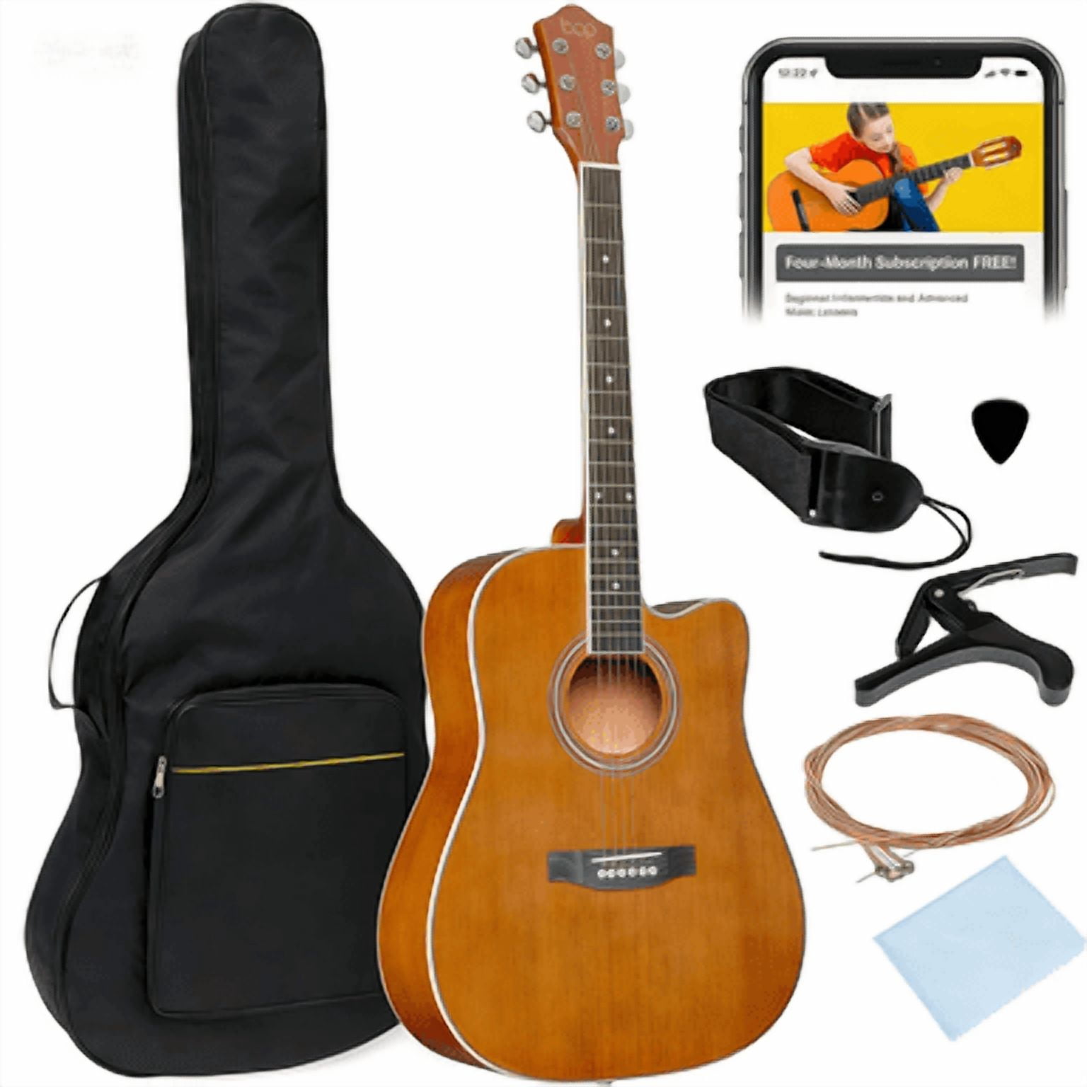HarmonyStrings 41in Beginner Acoustic Guitar Full Size All Wood Cutaway Guitar Starter Set w/Case, Strap, Capo, Strings Natural Mahogany