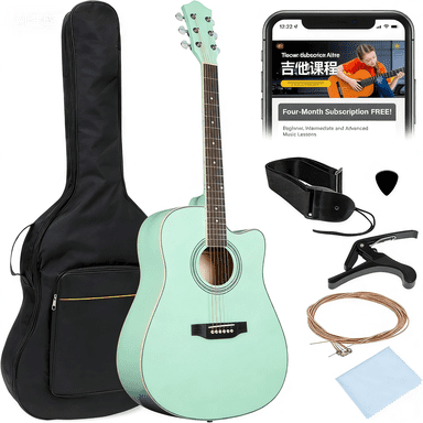 HarmonyStrings 41in Beginner Acoustic Guitar Full Size All Wood Cutaway Guitar Starter Set w/Case, Strap, Capo, Strings SoCal Green