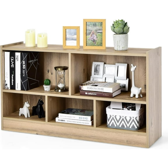 HarmonyStrings 5 Cube Bookcase, 2 Tier Wooden Storage Open Bookshelf, Multipurpose Display Storage Cabinet for Living Room, Bedroom, Hallway, Kid's Playroom, Reading Nook-Natural