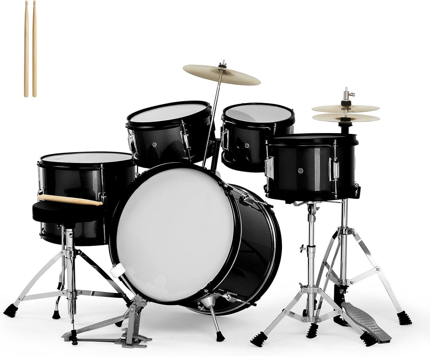 HarmonyStrings 5-Piece Complete Junior Drums Set, 14 Inch Beginners Drum Kit with Throne Stool, Pedal & Drumsticks, Drums Musical Instruments W/Cymbal, Hi-Hat, Floor, Tom and Snare Drum 16"x11" Black