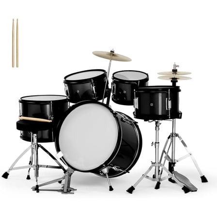 HarmonyStrings 5-Piece Complete Junior Drums Set, 14 Inch Beginners Drum Kit with Throne Stool, Pedal & Drumsticks, Drums Musical Instruments W/Cymbal, Hi-Hat, Floor, Tom and Snare Drum 16"x11" Black