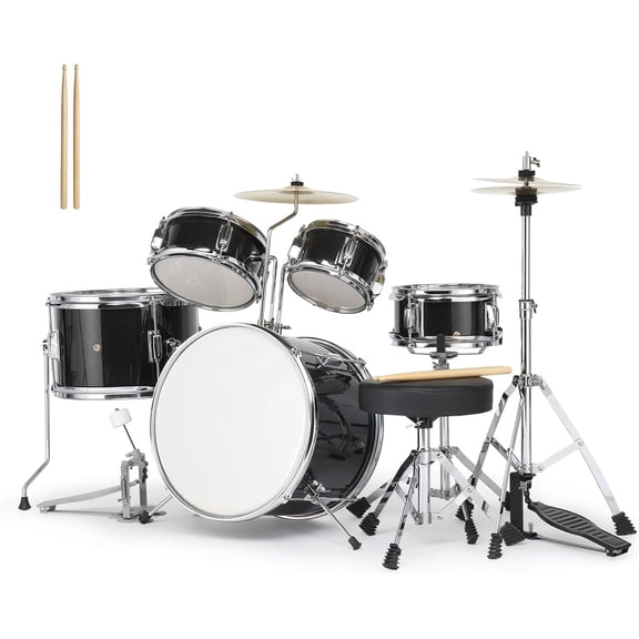 HarmonyStrings 5-Piece Complete Junior Drums Set, 14 Inch Beginners Drum Kit with Throne Stool, Pedal & Drumsticks, Drums Musical Instruments W/Cymbal, Hi-Hat, Floor, Tom and Snare Drum 14"x10" Black