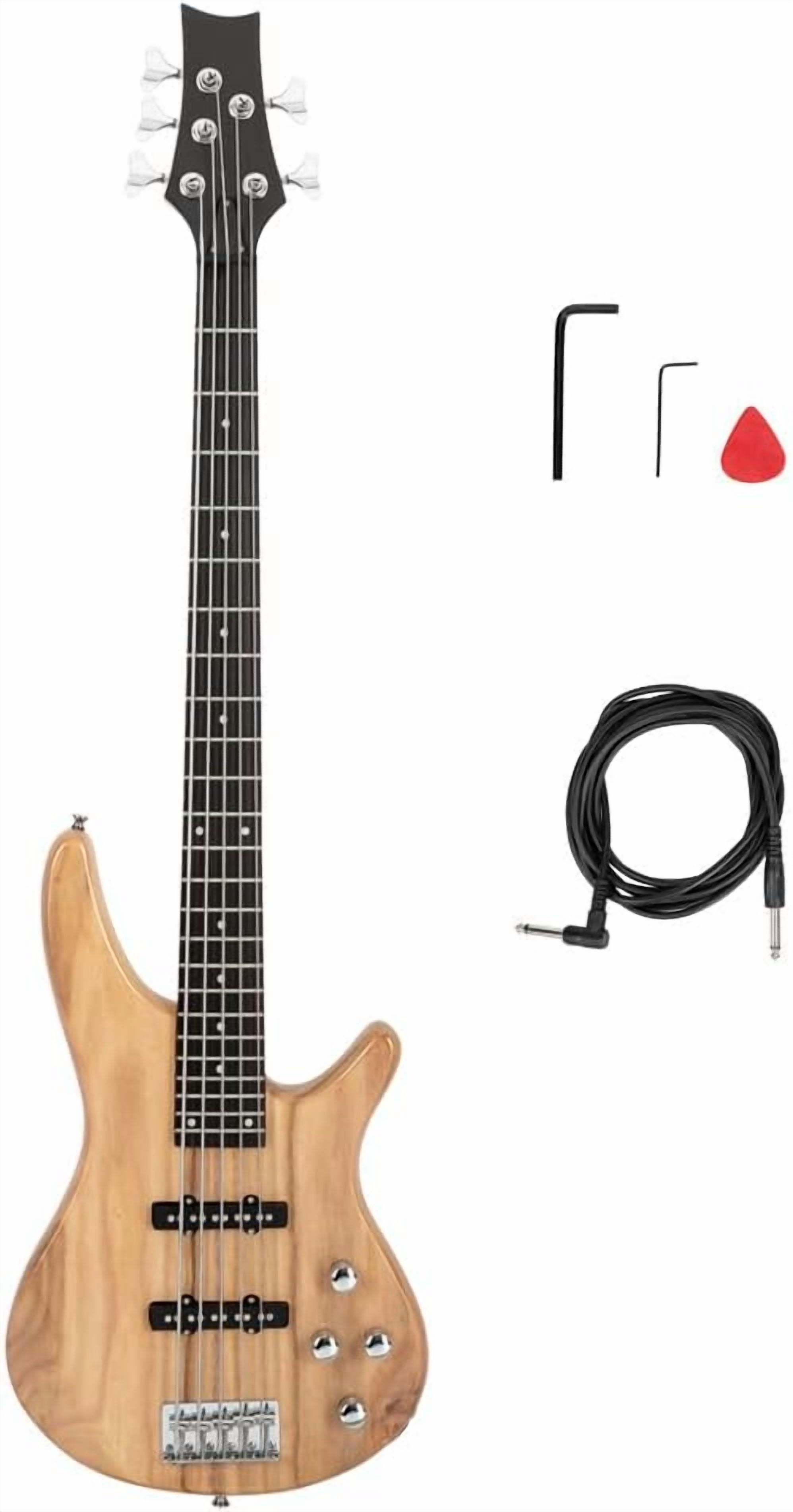 HarmonyStrings 5 String Electric Bass Guitar, Full Size Standard Right Handed Rosewood Fretboard Bass Kit with Gig Bag Strap Cable Wrench Tool Classic Burlywood