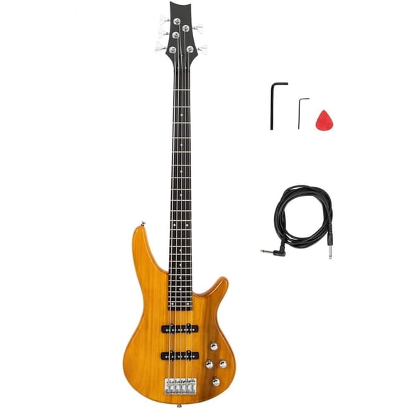 HarmonyStrings 5 String Electric Bass Guitar, Full Size Standard Right Handed Rosewood Fretboard Bass Kit with Gig Bag Strap Cable Wrench Tool Classic Yellow
