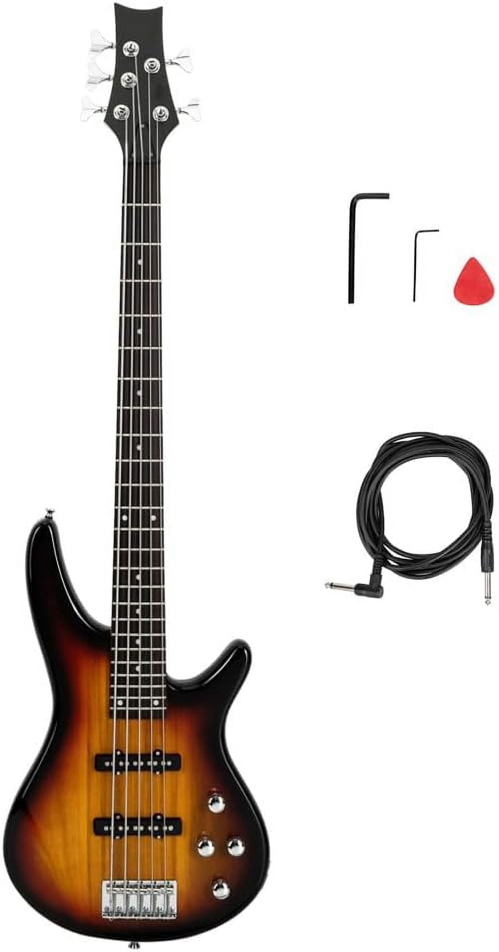 HarmonyStrings 5 String Electric Bass Guitar, Full Size Standard Right Handed Rosewood Fretboard Bass Kit with Gig Bag Strap Cable Wrench Tool Sunset Classic