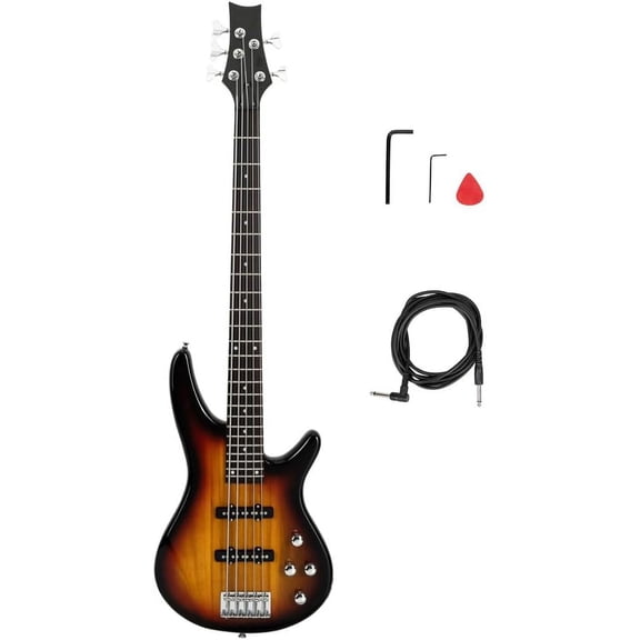 HarmonyStrings 5 String Electric Bass Guitar, Full Size Standard Right Handed Rosewood Fretboard Bass Kit with Gig Bag Strap Cable Wrench Tool Sunset Classic