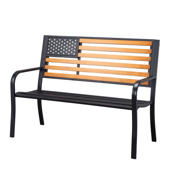 HarmonyStrings  50" Outdoor Garden Bench, Cast Iron Metal Frame Patio and Porch Welcome Benches with Classic Americana Style Backrest and Weatherproof Seat, Park Decorative Memorial Bench