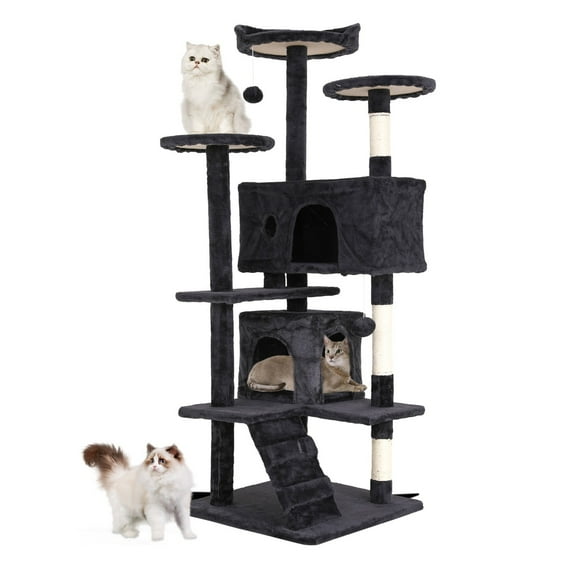 HarmonyStrings 54in Cat Tree, Multi-Level Cat Tower with Spacious Perch, 2 Cozy Caves, Scratching Posts, Climbing Ladder, 2 Plush Balls, Durable Pet House Furniture -CT-HZ54-Dark Gray