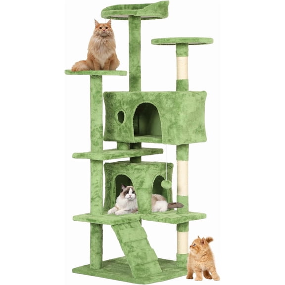 HarmonyStrings  54in Cat Tree, Multi-Level Cat Tower with Spacious Perch, 2 Cozy Caves, Scratching Posts, Climbing Ladder, 2 Plush Balls, Durable Pet House Furniture -CT-HZ54-Green