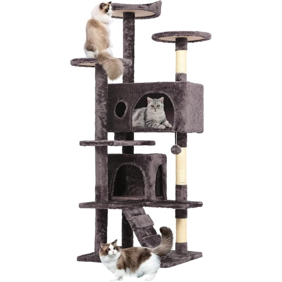 HarmonyStrings 54in Cat Tree, Multi-Level Cat Tower with Spacious Perch, 2 Cozy Caves, Scratching Posts, Climbing Ladder, 2 Plush Balls, Durable Pet House Furniture -CT-HZ54-Purple