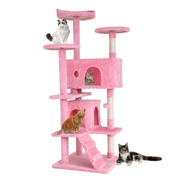 HarmonyStrings 54in Cat Tree, Multi-Level Cat Tower with Spacious Perch, 2 Cozy Caves, Scratching Posts, Climbing Ladder, 2 Plush Balls, Durable Pet House Furniture -CT-HZ54-Pink